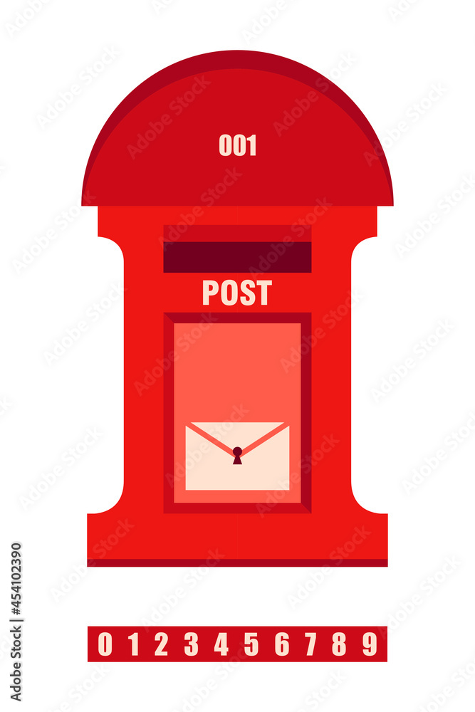Red mail box isolated on white background. Post box with apartment number. Flat modern design uk mailbox. Vector illustration Red mail box isolated on white background. Post box with apartment number. Flat modern design uk mailbox. Vector illustration