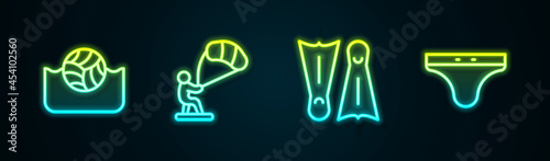 Set line Water polo, Kitesurfing, Flippers for swimming and Swimming trunks. Glowing neon icon. Vector