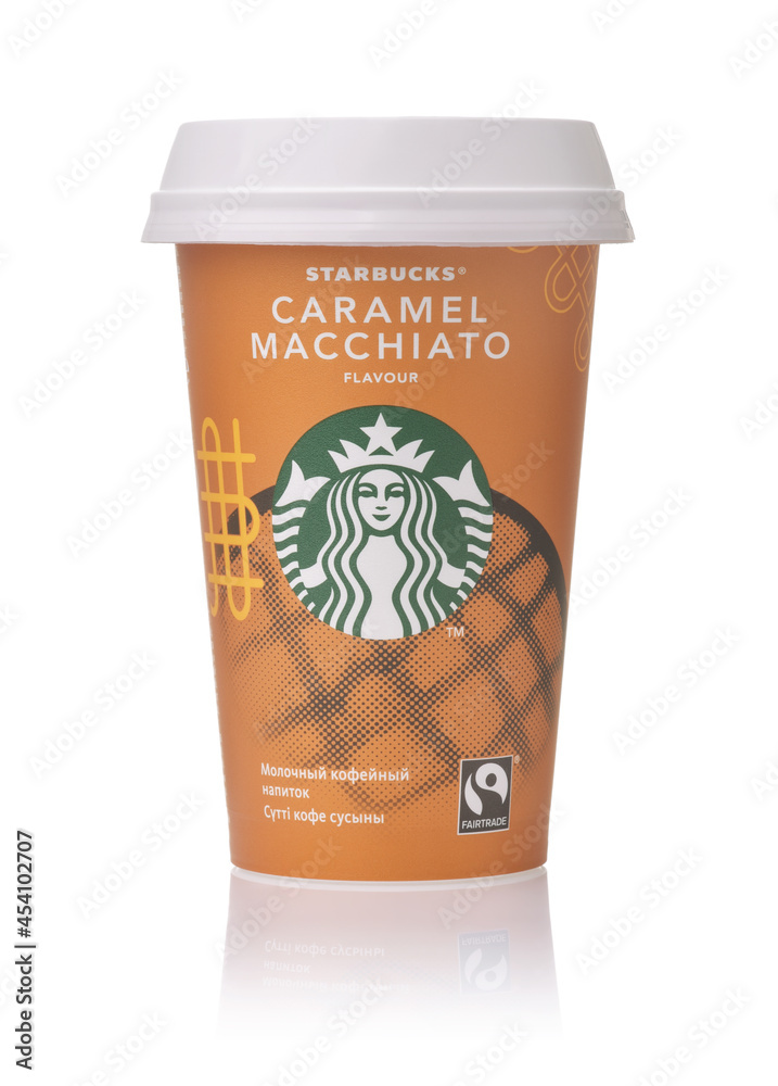 Paper cup of Starbucks Caramel Macchiato cold coffee Stock Photo ...