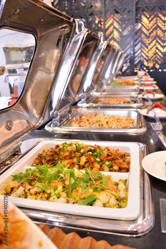 luxury buffet party dining catering with decoration in asian fusion halal menu at beautiful hotel restaurant vip ballroom lounge