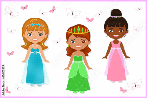 Set of cute princesses in beautiful dresses. Flat cartoon style. Vector illustration