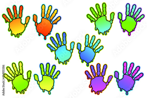 Set of Cheerful rainbow handprints traces. Bright background. Halloween neon print. For printing on textiles and more. © liza