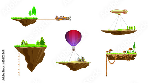 Set of game elements. The platforms with grass, trees, mushrooms, ropes, city and mountains that are flying on a airships, also one of them is being towed an airplane, others. Vector drawings. 