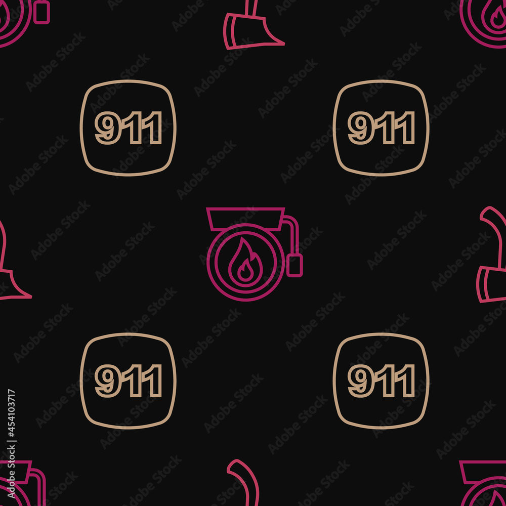 Fototapeta premium Set line Firefighter axe, Emergency call 911 and Ringing alarm bell on seamless pattern. Vector