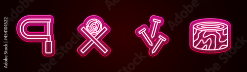 Set line Hacksaw, Wooden logs on stand, Metallic nails and Tree stump. Glowing neon icon. Vector