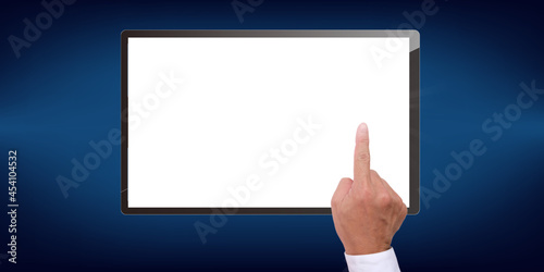 Tablet on blue background and white screen and business with technology concept