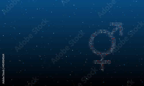 On the right is the bigender symbol filled with white dots. Background pattern from dots and circles of different shades. Vector illustration on blue background with stars