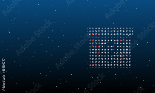 On the right is the gift box with a question symbol filled with white dots. Background pattern from dots and circles of different shades. Vector illustration on blue background with stars