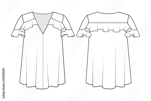 Fasion technical drawing of v-neckline ruffled blouse