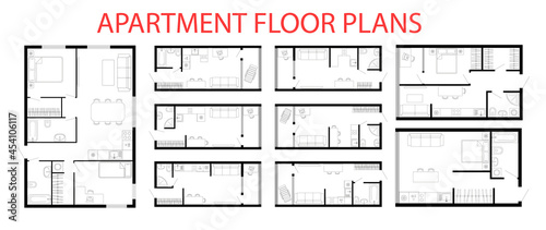 Apartment floor plans. Micro, one, two bedroom apartment. Interior design elements kitchen, bedroom, bathroom furniture. Vector architecture plan of studio, condominium, flat, house. 2D floor plans