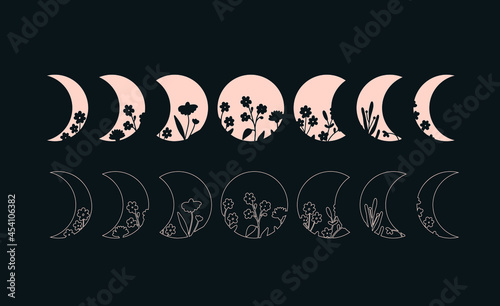 Moon phases with floral. Bohemian phases of the moon illustration. Silhouette and outline