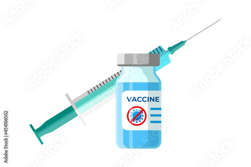Coronavirus infection vaccine ampoule with syringe. COVID-19 disease vaccination shot. Medical 2019-ncov protection drug. Human immunization campaign symbol. Vector eps isolated illustration