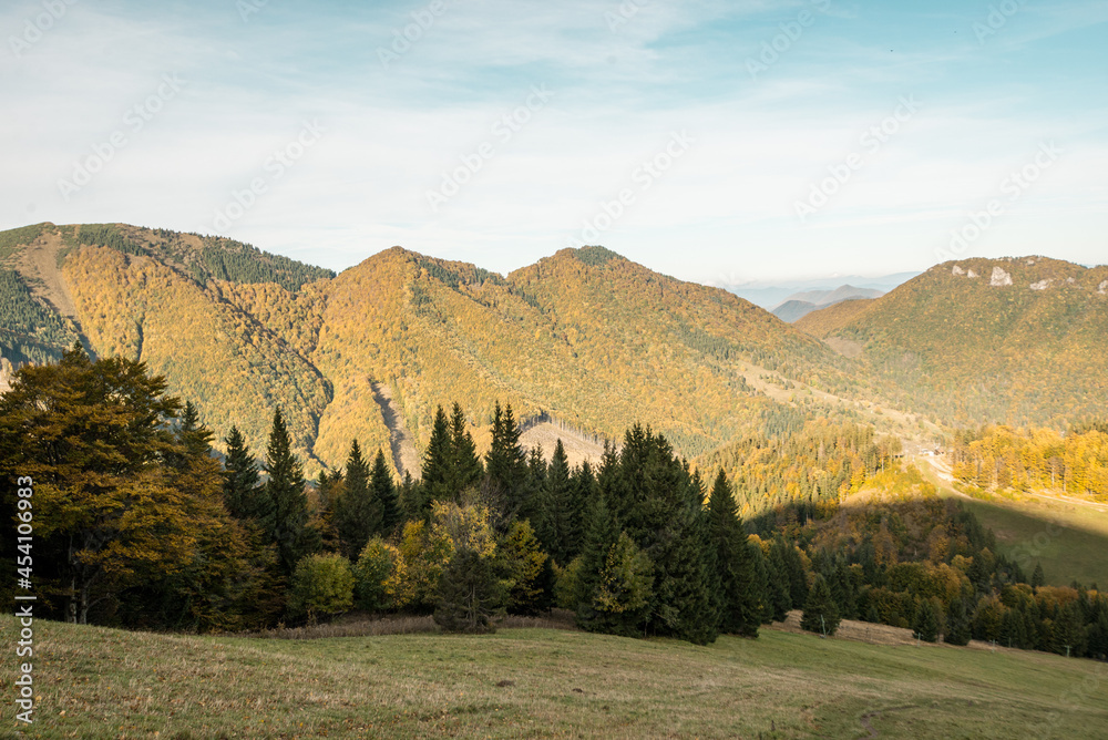 Naklejka premium View from Mala Fatra national park. Panoramic mountain landscape in Slovakia near Terchova. Autumn colors of nature.