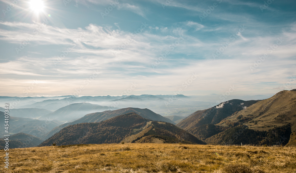 View from Mala Fatra national park. Panoramic mountain landscape in Slovakia near Terchova. Autumn colors of nature.