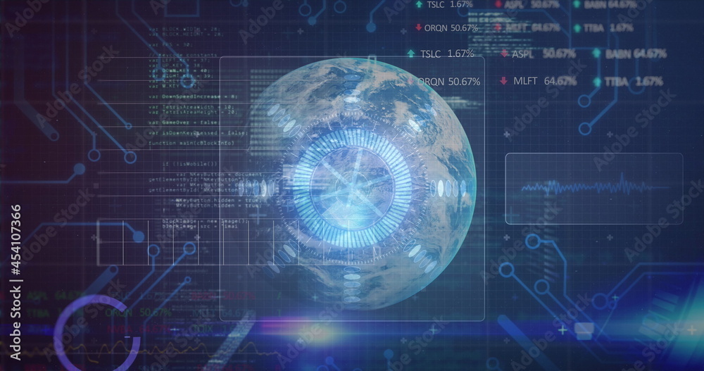 Image of scope scanning and data processing on screens over globe Image of scope scanning and data processing on screens over globe
