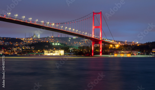 Night shot of Bosporus Bridge in springtime. Shot from Ortakoy district, Istanbul Turkey