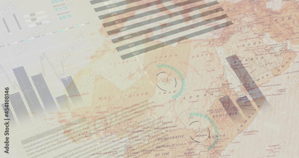 Naklejka premium Image of multiple graphs rolling over a compass lying on a map