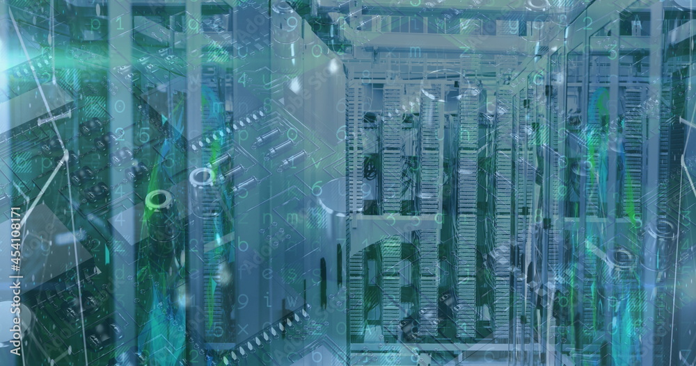 Obraz premium Image of multiple moving shapes over a microprocessor