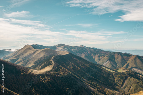View from Mala Fatra mountains in national park. Panoramic mountain landscape in Slovakia near Terchova. Autumn colors of nature.