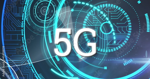 Image of word 5g over shapes made of microprocessor connections