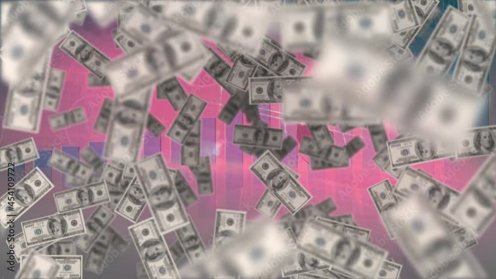 Animation of dollar bills rising over graph on pink background Animation of dollar bills rising over graph on pink background
