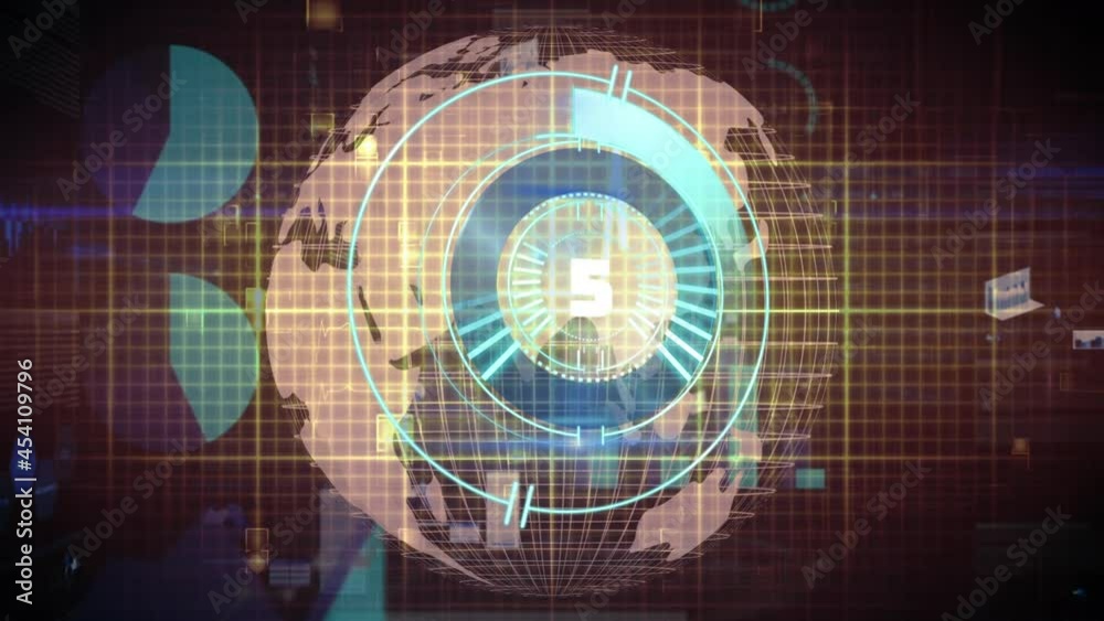Animation of safe lock with countdown over charts, globe and heart rate monitor, on dark background Animation of safe lock with countdown over charts, globe and heart rate monitor, on dark background