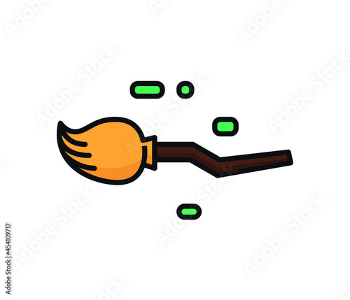 Witch broom simple icon for traditional christmas holiday and halloween card.