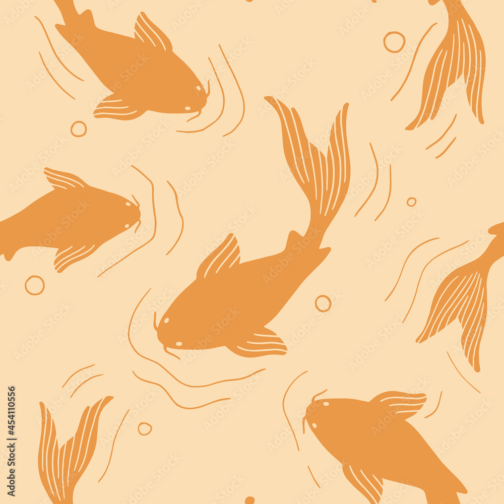 Obraz premium koi pond seamless pattern. Japanese natural and floral motif for fabric, decoration and background design. Modern Japanese art deco style pattern with koi carp fishes. Vector koi fish in the pond.
