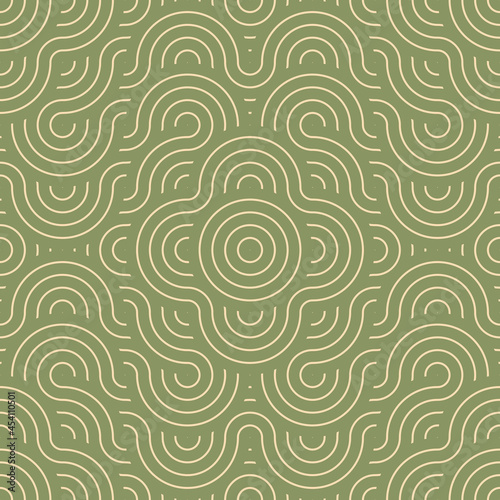 Japanese geometric seamless pattern. Abstract modern traditional wavy lines repeat motif for background, fabric or texture. Green ancient waves pattern from asian or japan. Vector geometric print.