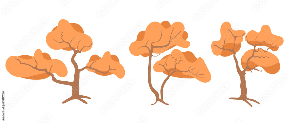 Set of trees with autumn yellow leaves, flat cartoon vector illustration. Templates for rippling orange landscape compositions. Set of trees with autumn yellow leaves, flat cartoon vector illustration. Templates for rippling orange landscape compositions.