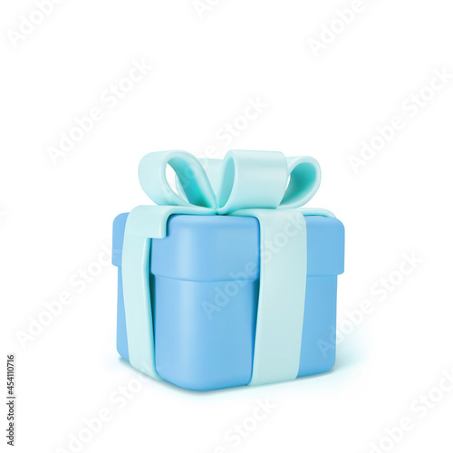 3d blue closed gift box standing on the floor with pastel ribbon bow isolated on a light background. 3d render modern holiday surprise box. Realistic vector icon