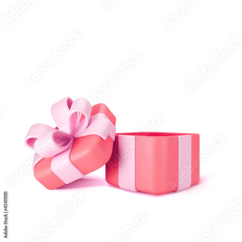 3d red open gift box standing on the floor with pink pastel ribbon bow isolated on a light background. 3d render modern holiday surprise box. Realistic vector icon