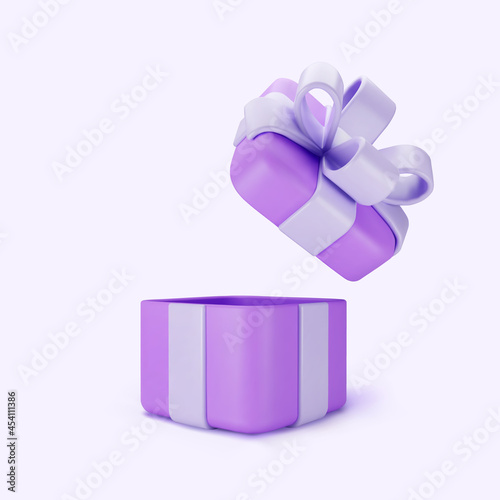 3d purple open gift box standing on the floor with pastel ribbon bow isolated on a light background. 3d render modern holiday surprise box. Realistic vector icon