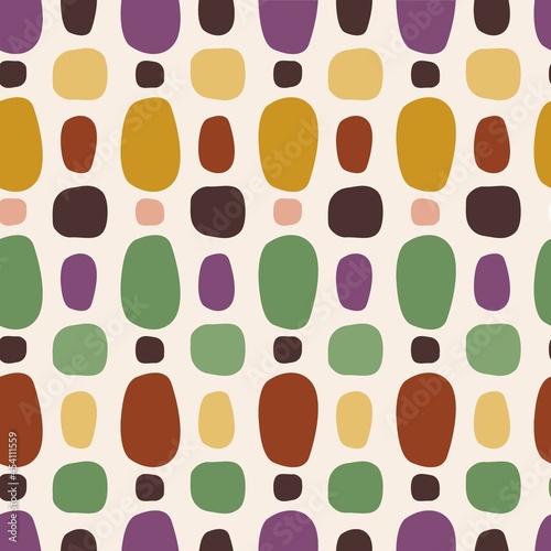 Abstract vector seamless pattern of green, yellow, purple, orange, red shapes on the white background. 