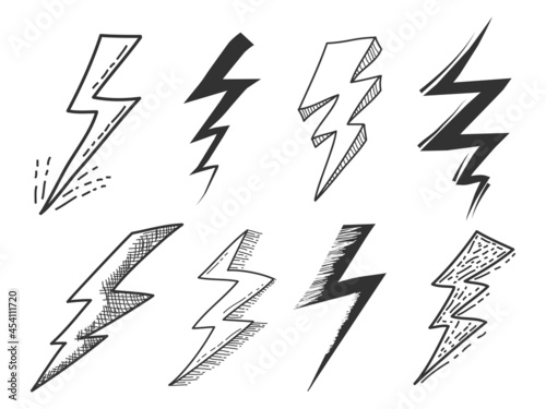 Set of electric lightning, thunder bolt in doodle style. isolated on white background. vector illustration