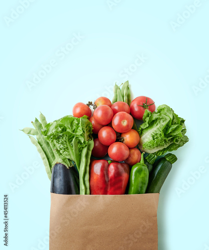 Vertical shot of fresh vegetables in a recyclable paper bag on a blue background with copy space