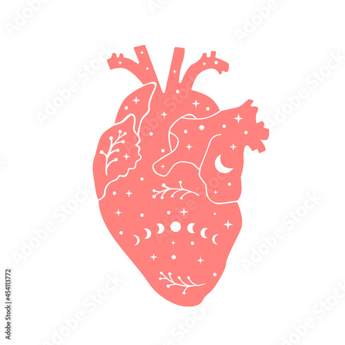 Celestial and magic heart illustration. Bohemian vector illustration