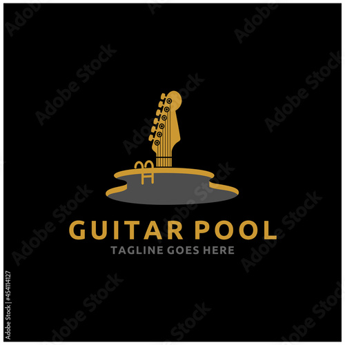 Acoustic Guitar Head with Swimming Pool Shaped as a Guitar Logo Design
