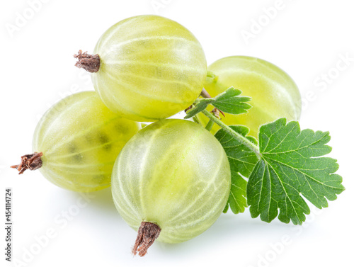 Green ripe gooseberries on white background. Close-up.