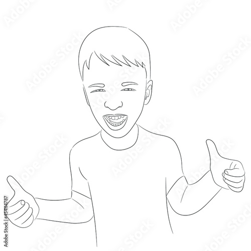 Sketch of a portrait of a laughing boy showing ok gesture with his hands