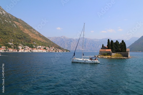 montenegro, lake, Boka kotorska, church, water, coast, landscape, nature, travel, mediterrenean, panorama, harbor, summer, ship, mountain, view,