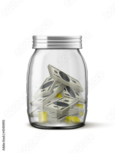 3D Money Box Full Of Gold Coins And Banknotes