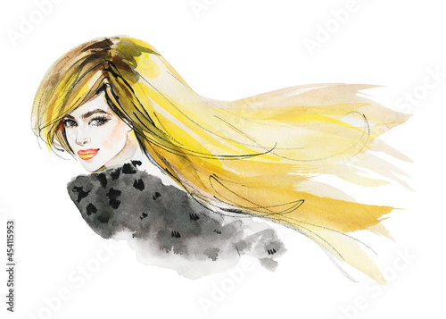 Hand drawn blonde woman on white background. Watercolor fashion portrait with splashes. Painting abstract illustration in modern style.