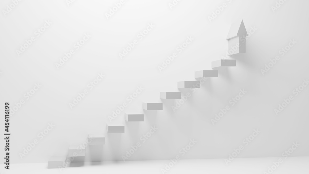 White staircase with arrow as top tread pointing up