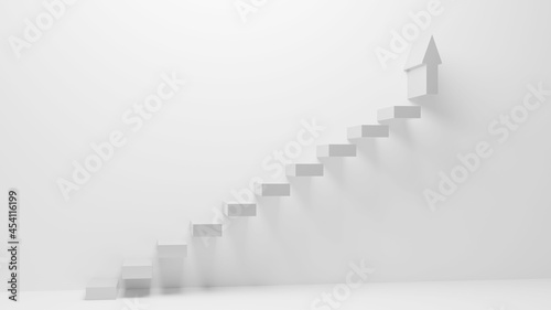 White staircase with arrow as top tread pointing up photo