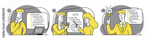 Concept of script coding, programming. JavaScript, PHP, Python, HTML, other languages. Programmer working on web development on laptop. Software developers. Set of Flat vector cartoon illustrations