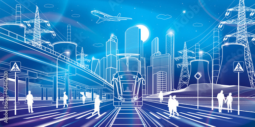 Wide highway. Modern night neon town. City energy system. Tram rides. Car overpass. People walking at street. Infrastructure outlines illustration, urban scene. White lines. Vector design art 