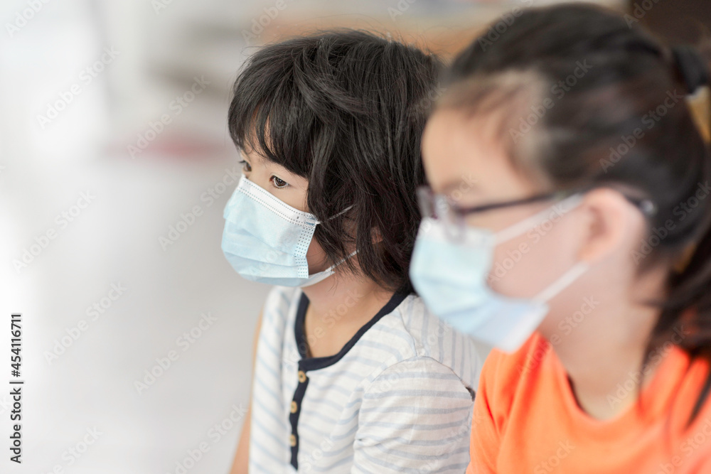 Asian children wearing mask for protection from Covid19 virus. Portrait of students wearing protective facemask.Back to school kids.Social distancing.