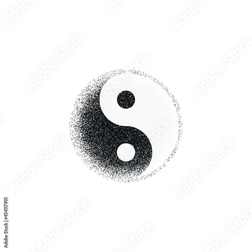 Black and white illustration of a symbol with a grunge texture on a white background. Design element for print, emblem, badge, label and sticker. Vector illustration. Yin yang symbol.