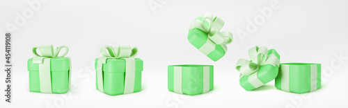 3d green gift boxes open and closed standing on the floor with pastel ribbon bow isolated on a light background. 3d render modern holiday surprise box. Realistic vector icons.